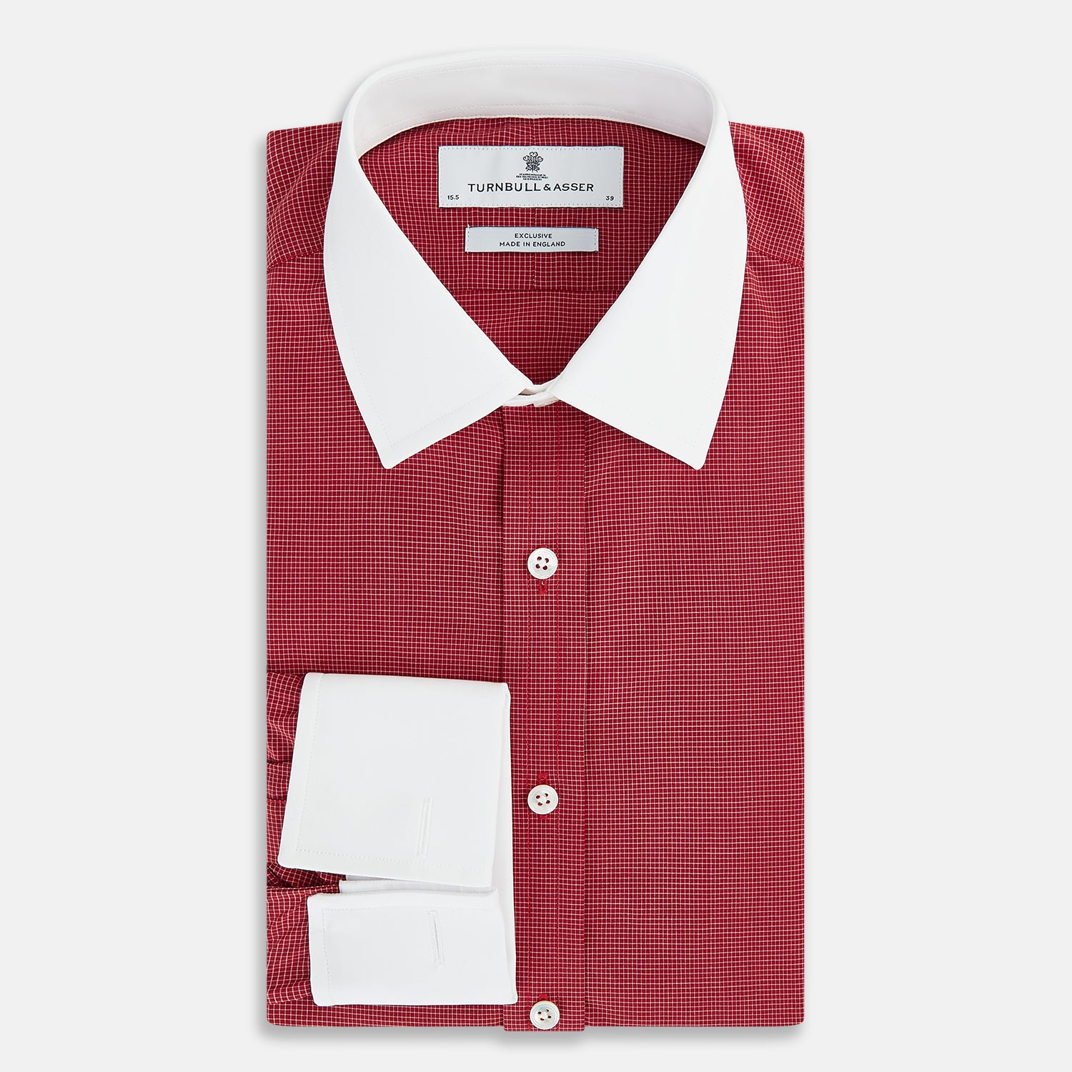 View 5 of product The Turnbull & Asser Dark Red Pin Check Shirt features a crisp white contrast collar and cuffs, with long sleeves and button-up design, shown against a white background.