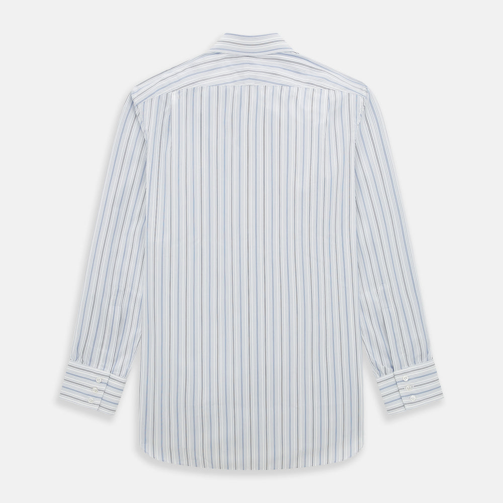 The Turnbull & Asser Navy and Blue Multi Stripe Mayfair Shirt features long sleeves, a T&A collar, and buttoned cuffs, shown against a white background.