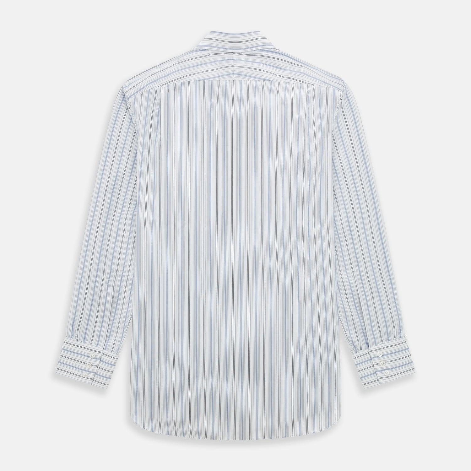 View 3 of product The Turnbull & Asser Navy and Blue Multi Stripe Mayfair Shirt features long sleeves, a T&A collar, and buttoned cuffs, shown against a white background.