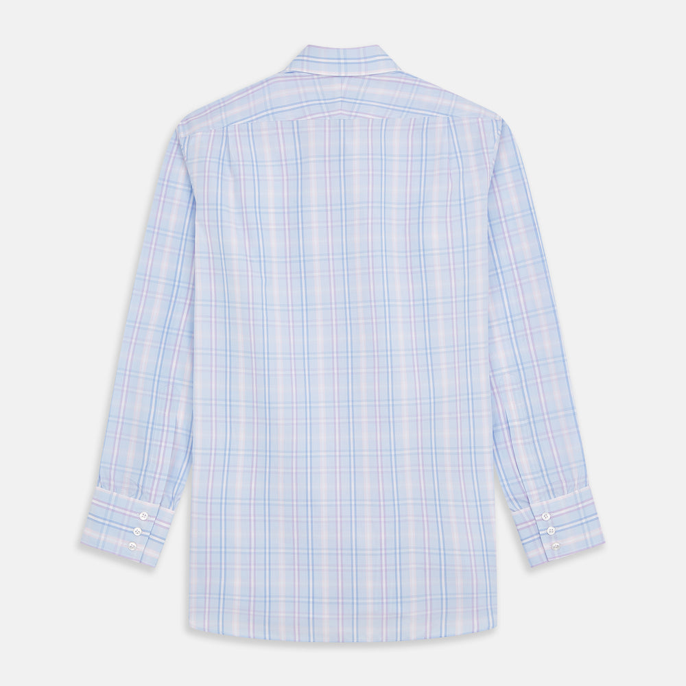 The Turnbull & Asser Pink and Light Blue Check Cotton Regular Fit Mayfair Shirt features long sleeves, buttoned cuffs, a T&A collar, and is shown laid flat on a white background.