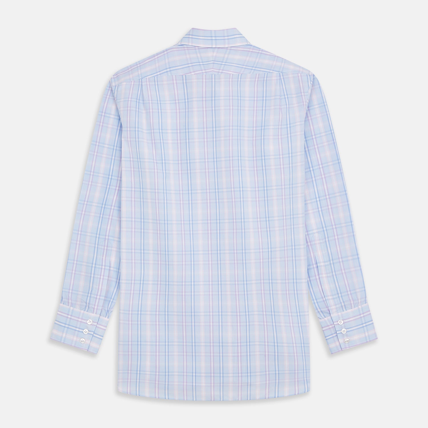 View 5 of product The Turnbull & Asser Pink and Light Blue Check Cotton Regular Fit Mayfair Shirt features long sleeves, buttoned cuffs, a T&A collar, and is shown laid flat on a white background.
