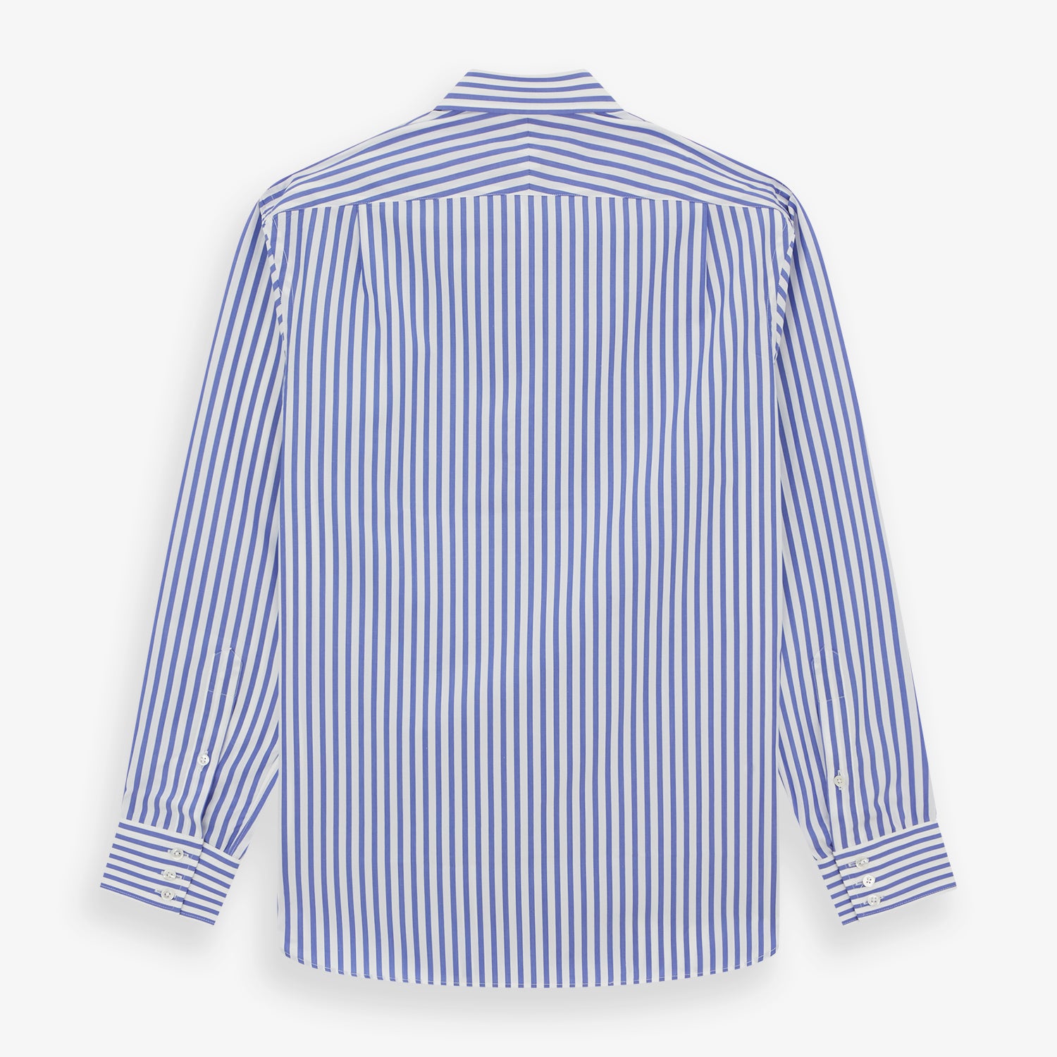 View 3 of product The Turnbull & Asser Tailored Fit Blue and White Candy Stripe Shirt, featuring a Kent collar and 3-button cuffs, is displayed neatly on a white background.