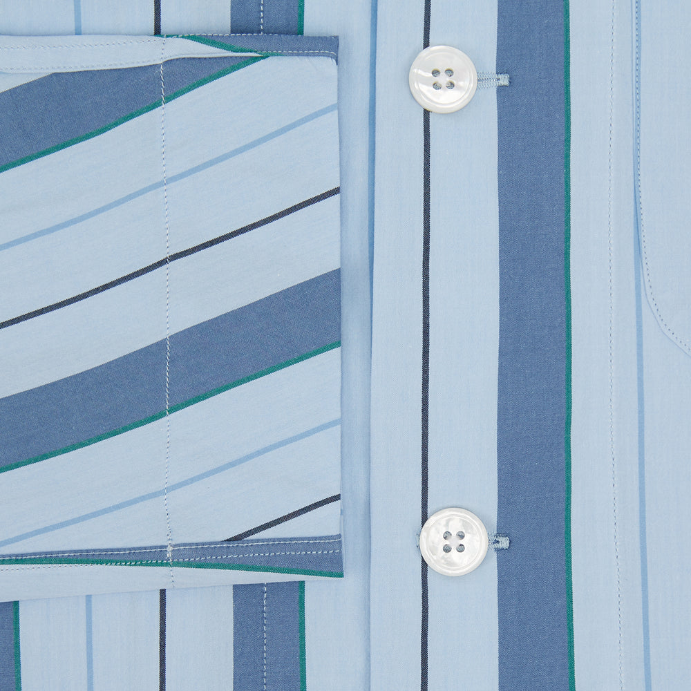 The Blue Baiadera Stripe Pyjama Shirt by Turnbull & Asser features long sleeves, a chest pocket, and a notched collar for an elegant nightwear look, shown on a white background.