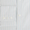 View 4 of product The Petrol Hairline Stripe Mayfair Shirt by Turnbull & Asser is a long-sleeved, button-up Italian cotton shirt with a subtle blue pinstripe, classic T&A collar, and buttoned cuffs, shown flat on a white background.