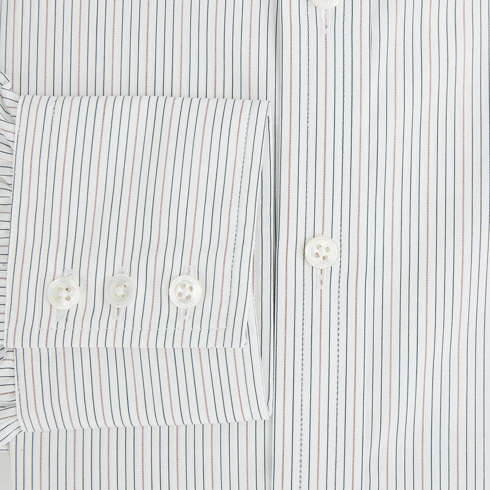 The Petrol Hairline Stripe Mayfair Shirt by Turnbull & Asser is a long-sleeved, button-up Italian cotton shirt with a subtle blue pinstripe, classic T&A collar, and buttoned cuffs, shown flat on a white background.