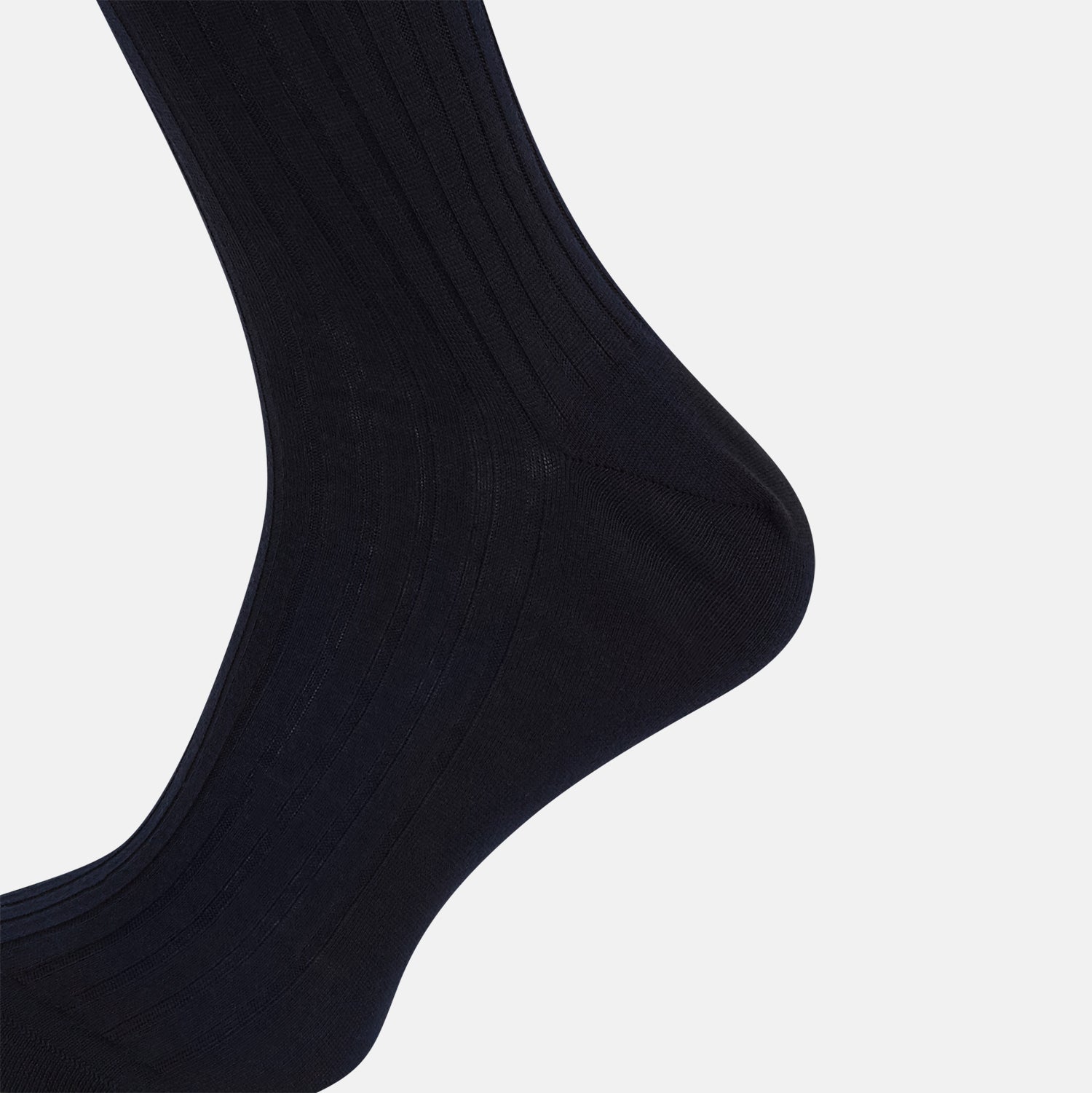 View 4 of product A single navy mid-length sock by Turnbull & Asser, crafted from organic cotton with a ribbed texture, stands upright on a white background.