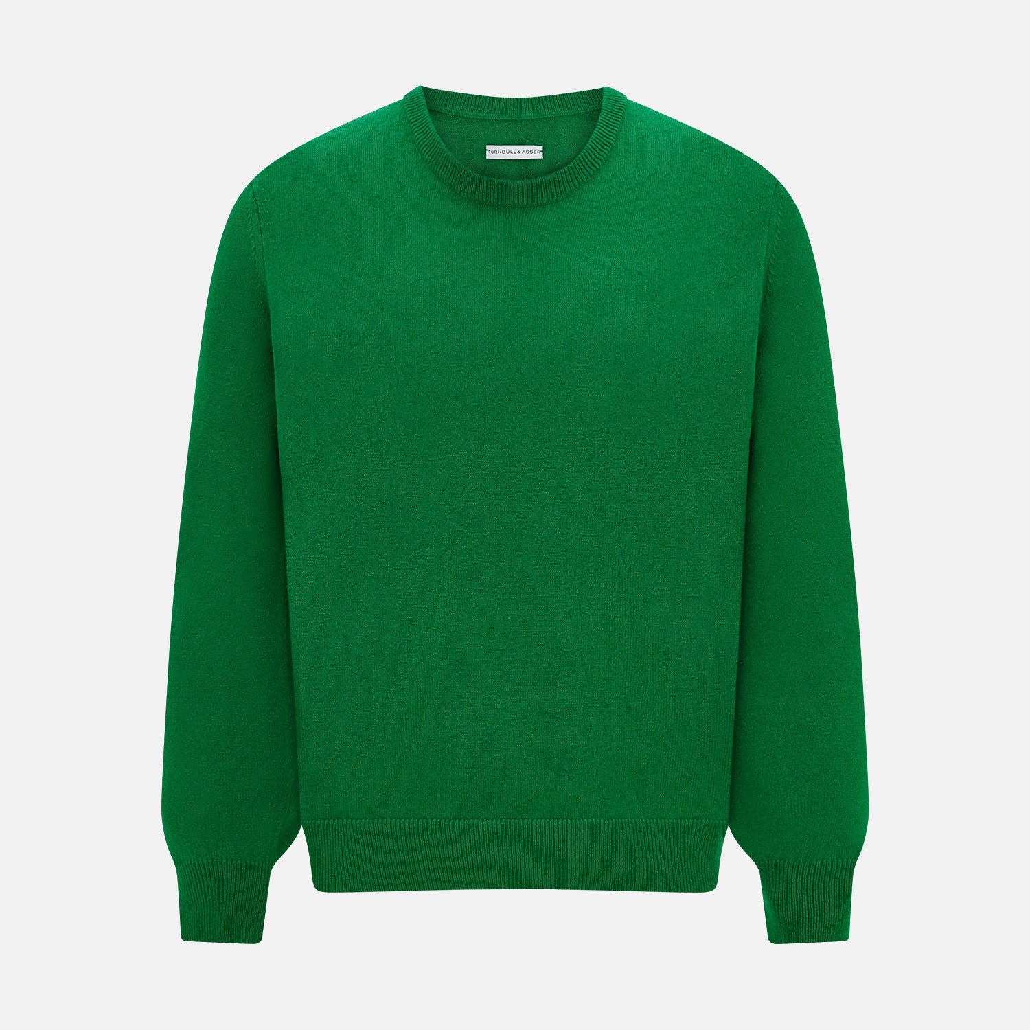 View 1 of product The Turnbull & Asser Grass Green Cashmere Round Neck Jumper features long sleeves, ribbed cuffs, collar, and hem, shown on a white background.