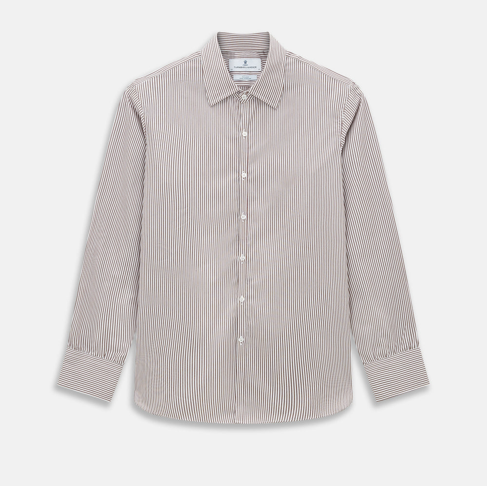 The Burgundy Halo Stripe Westminster Shirt by Turnbull & Asser features long sleeves, a button-up front, a Westminster collar, and thin vertical brown and white stripes, shown on a plain white background.