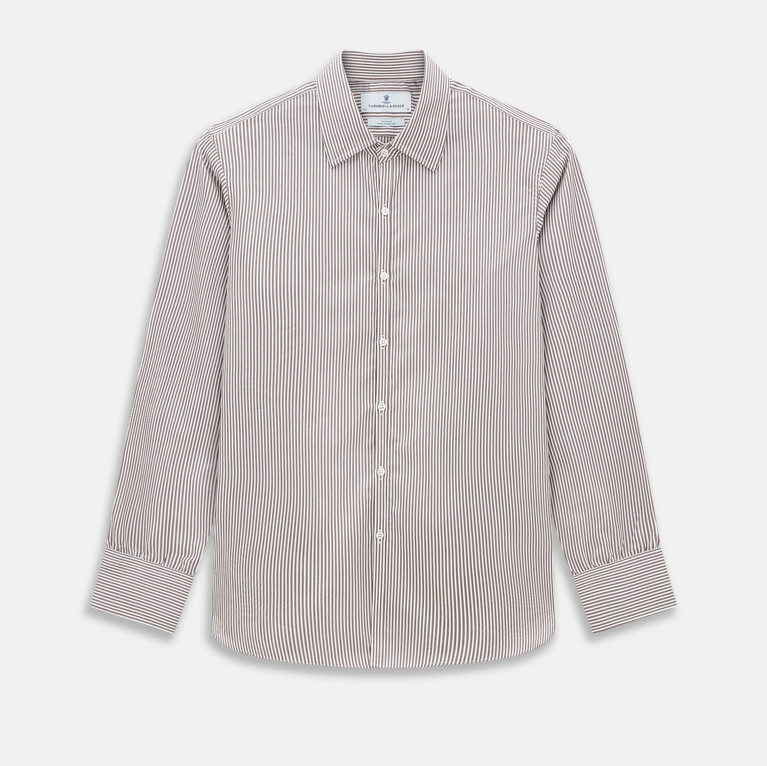 View 1 of product The Burgundy Halo Stripe Westminster Shirt by Turnbull & Asser features long sleeves, a button-up front, a Westminster collar, and thin vertical brown and white stripes, shown on a plain white background.