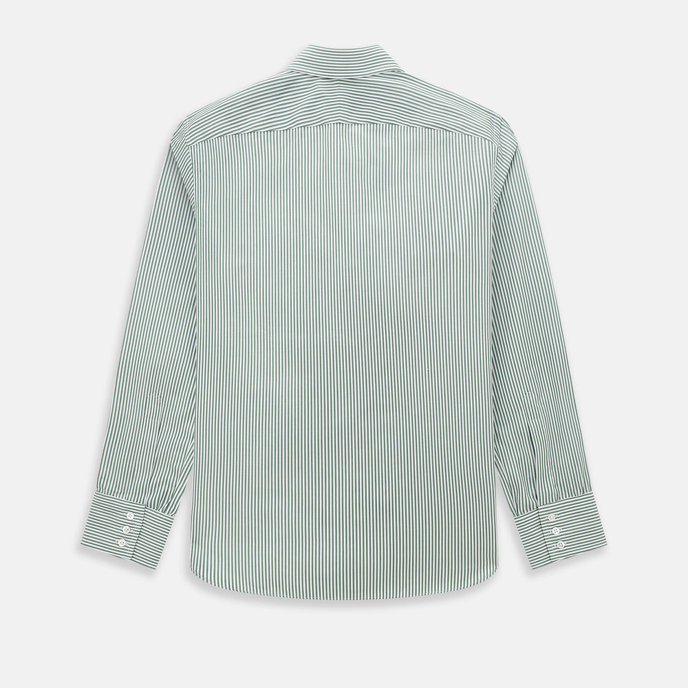 The Melon Green Halo Stripe Westminster Shirt by Turnbull & Asser, featuring thin green and white stripes and a classic Turnbull collar, is displayed against a plain white background—a testament to refined British craftsmanship.