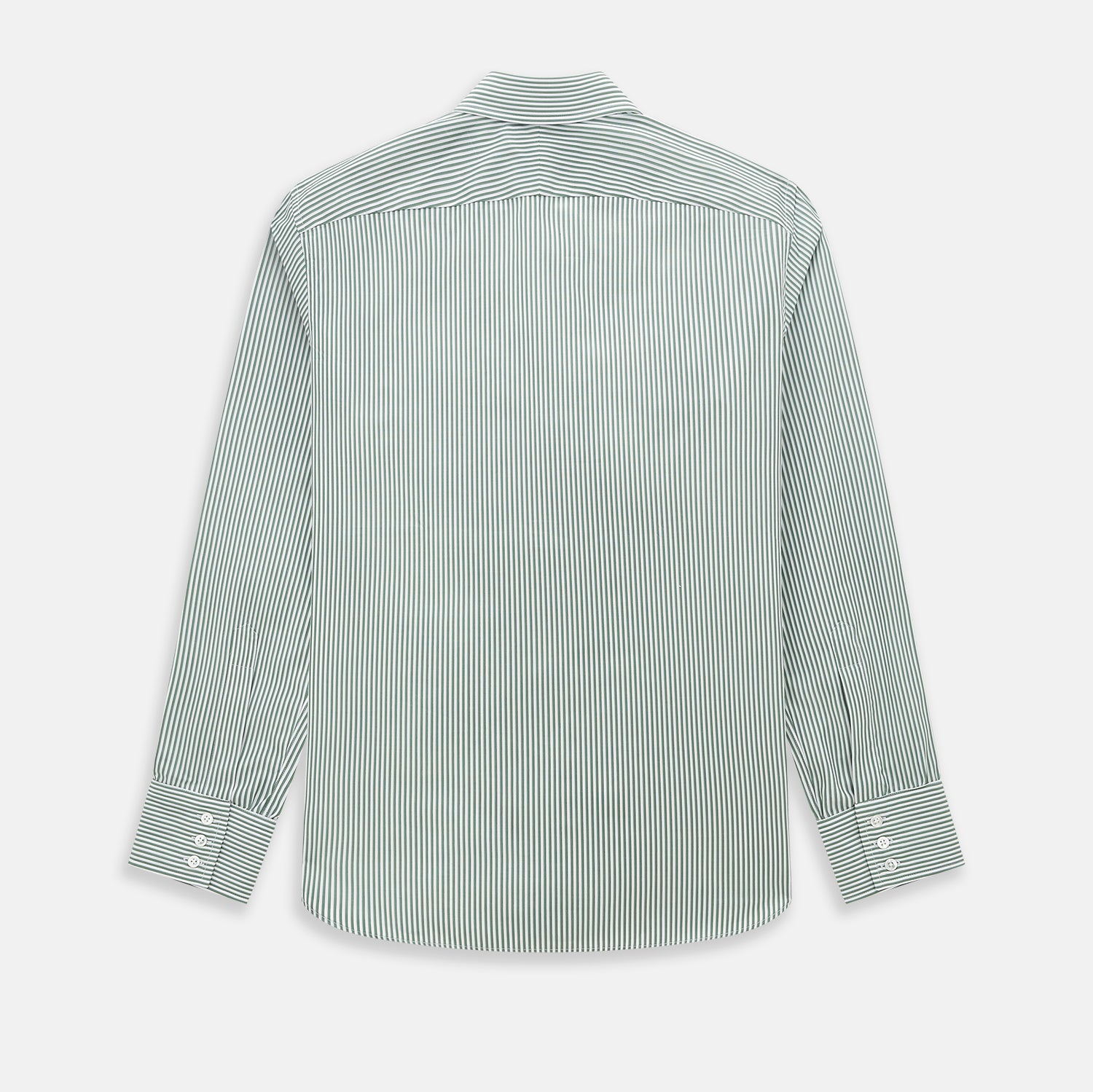 View 3 of product The Melon Green Halo Stripe Westminster Shirt by Turnbull & Asser, featuring thin green and white stripes and a classic Turnbull collar, is displayed against a plain white background—a testament to refined British craftsmanship.