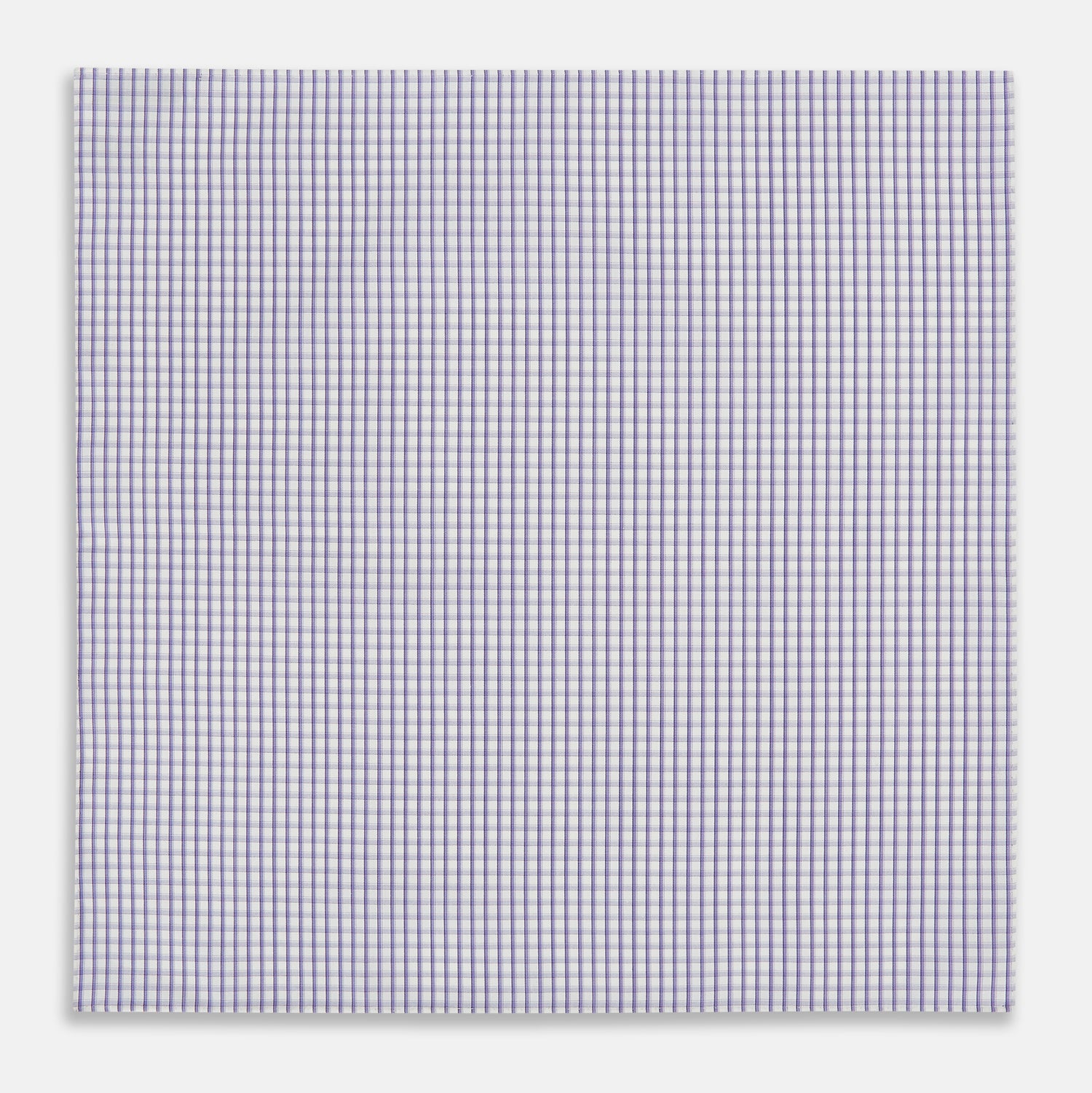View 3 of product The Turnbull & Asser Purple Micro Shadow Check Hand-Rolled Handkerchief, crafted in England, features a checkered purple and white pattern with fine hand-rolled edges.