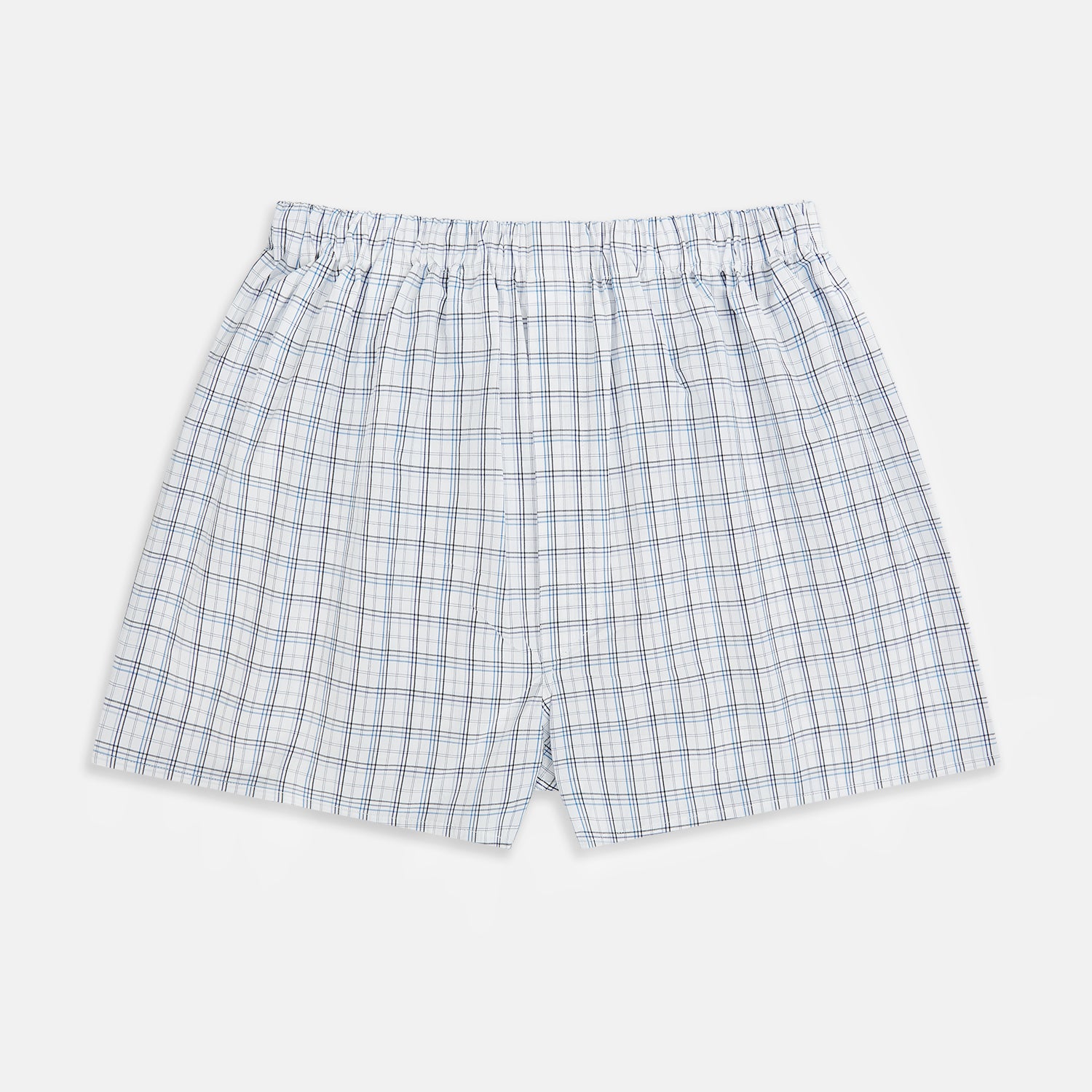 View 1 of product Turnbull & Asser's Blue Multi Graph Check Godfrey Boxer Shorts for men in Italian cotton feature a white base with a blue and black plaid pattern, shown flat against a plain white background.