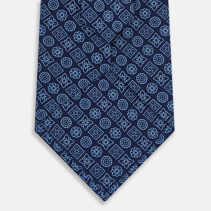 Dark Navy Floral Tile Pattern Printed Silk Tie Image 2