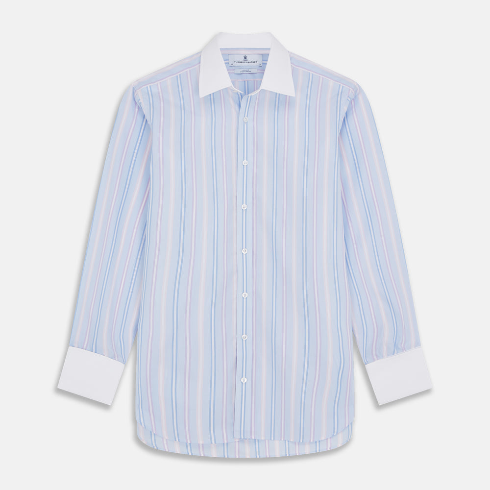 The Turnbull & Asser Light Blue Multi Stripe Cotton Regular Fit Penrose Shirt features light blue, white, and pink stripes with a crisp white collar and cuffs, displayed on a white background.