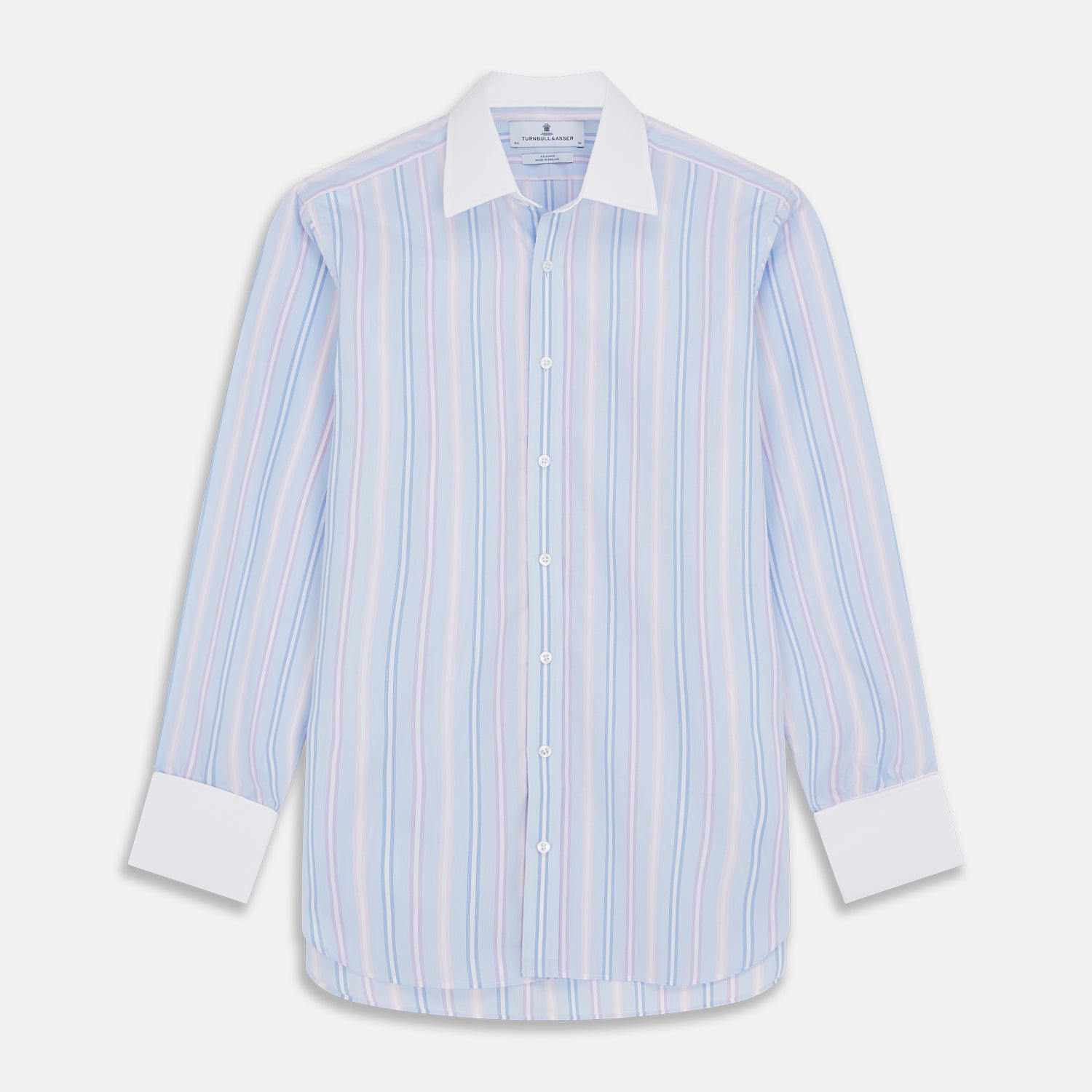 View 1 of product The Turnbull & Asser Light Blue Multi Stripe Cotton Regular Fit Penrose Shirt features light blue, white, and pink stripes with a crisp white collar and cuffs, displayed on a white background.