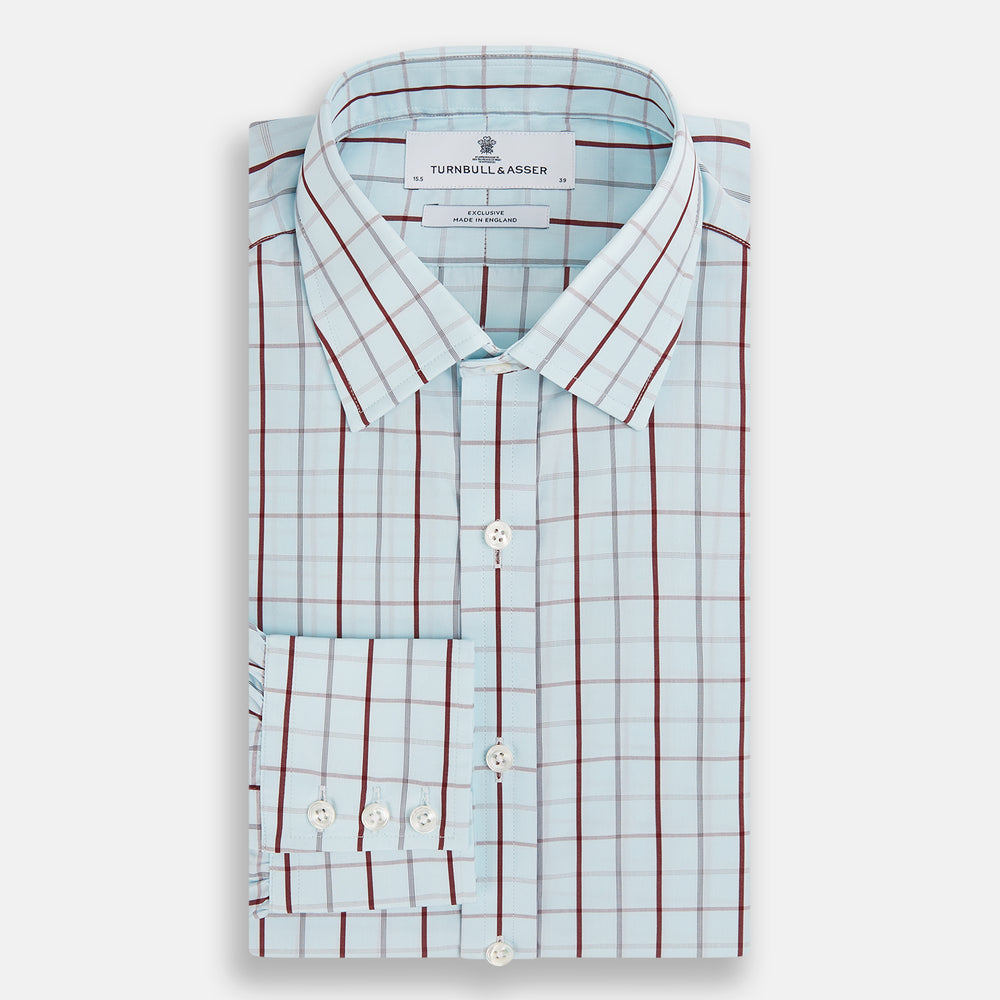 The Turnbull & Asser Burgundy Combination Check Mayfair Shirt is a long-sleeve button-up dress shirt with a check pattern, ideal for formal wear and shown on a plain white background.