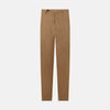 View 1 of product The Turnbull & Asser Camel Striped Linen Edmund trousers feature a straight-leg fit, button and zipper closure, belt loops, and pockets, crafted from lightweight summer fabric and shown against a white background.