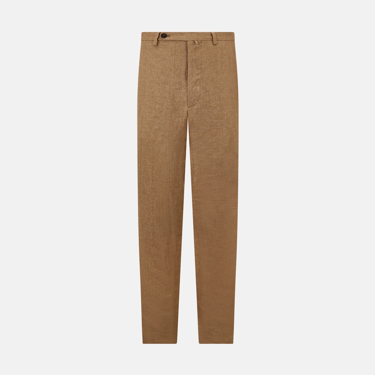 View 1 of product The Turnbull & Asser Camel Striped Linen Edmund trousers feature a straight-leg fit, button and zipper closure, belt loops, and pockets, crafted from lightweight summer fabric and shown against a white background.