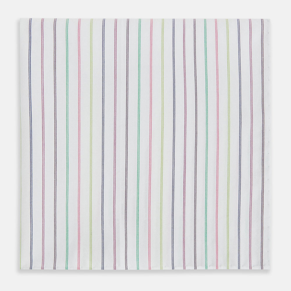 The Green Multi Double Pinstripe Hand-Rolled Handkerchief by Turnbull & Asser features a white fabric with thin pink, yellow, blue, and green pinstripes and hand-rolled edges, displayed against a plain background.