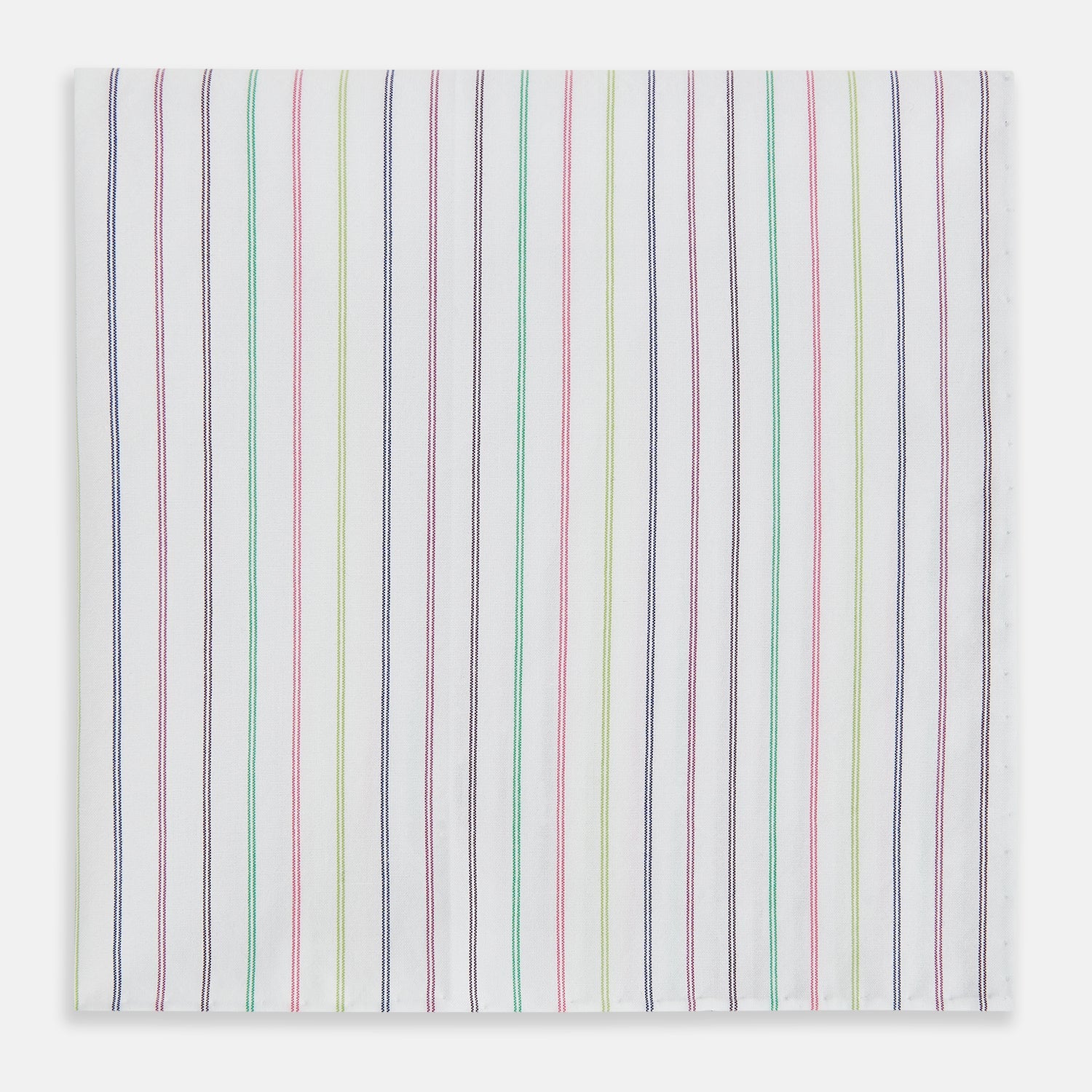 View 3 of product The Green Multi Double Pinstripe Hand-Rolled Handkerchief by Turnbull & Asser features a white fabric with thin pink, yellow, blue, and green pinstripes and hand-rolled edges, displayed against a plain background.