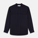 The Turnbull & Asser Navy Military Weekend Fit Shirt features a stand collar, black buttons, dual chest flap pockets, and 1-button cuffs in Italian cotton-wool, shown laid flat on a white background.