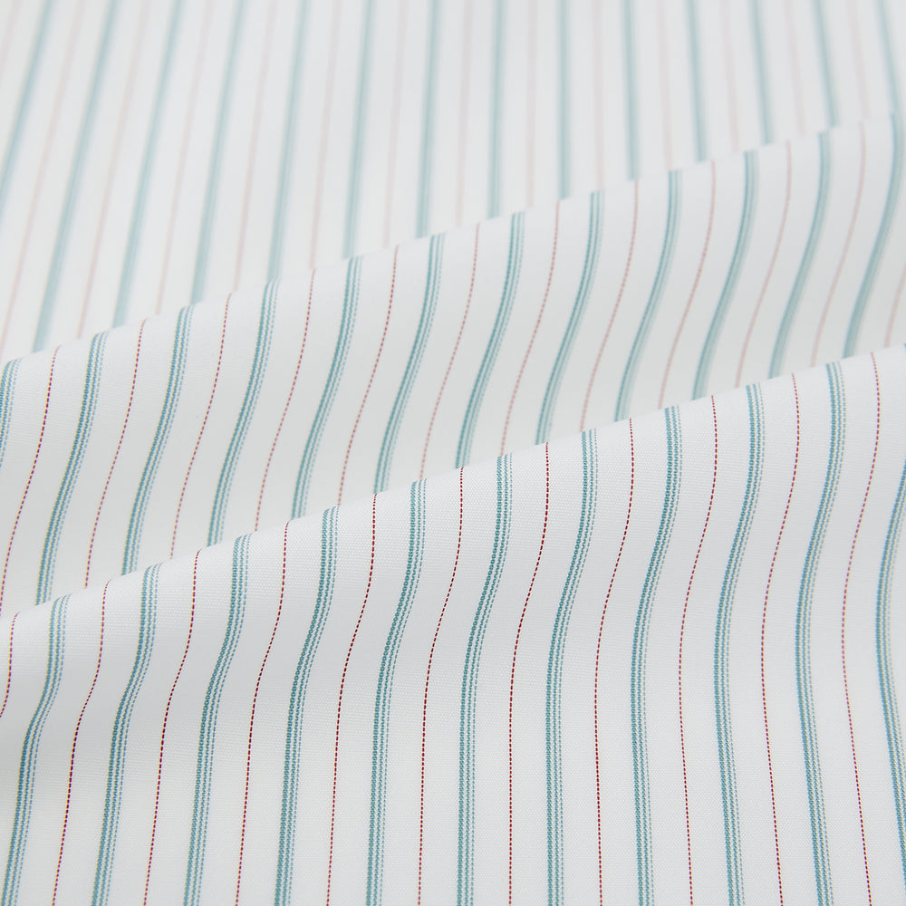 The Turnbull & Asser Turquoise and Red Ticking Stripe Windsor Shirt, featuring a classic collar and buttoned cuffs, is displayed flat against a white background.