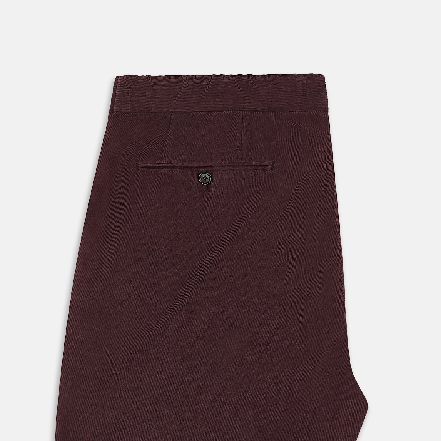 View 5 of product Turnbull & Asser Burgundy Corduroy Miles Trousers: high-waisted, straight-leg pants with an elasticated drawstring waist, shown on a white background.