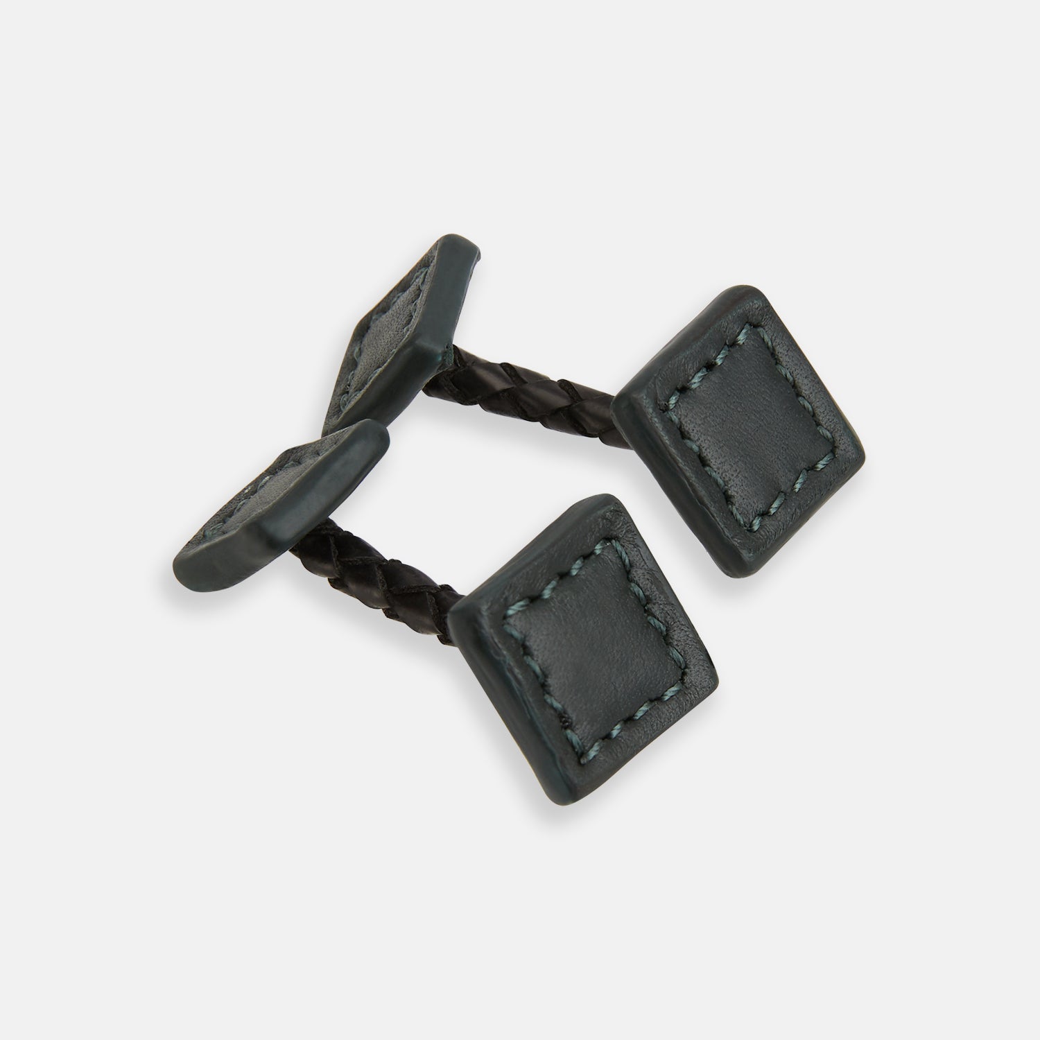 View 1 of product Turnbull & Asser Forest Green Leather Cufflinks feature square ends, visible stitching, and braided leather connectors, displayed on a white background—a refined choice in men's accessories.