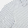 View 6 of product The Turnbull & Asser Grey and Blue Pinstripe Westminster Shirt features fine stripes, a classic collar, and buttoned cuffs—showcasing signature British craftsmanship against a plain white backdrop.