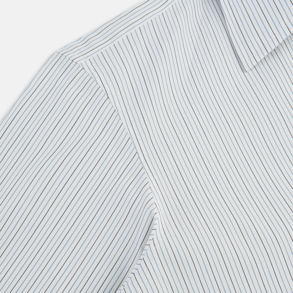 The Turnbull & Asser Grey and Blue Pinstripe Westminster Shirt features fine stripes, a classic collar, and buttoned cuffs—showcasing signature British craftsmanship against a plain white backdrop.