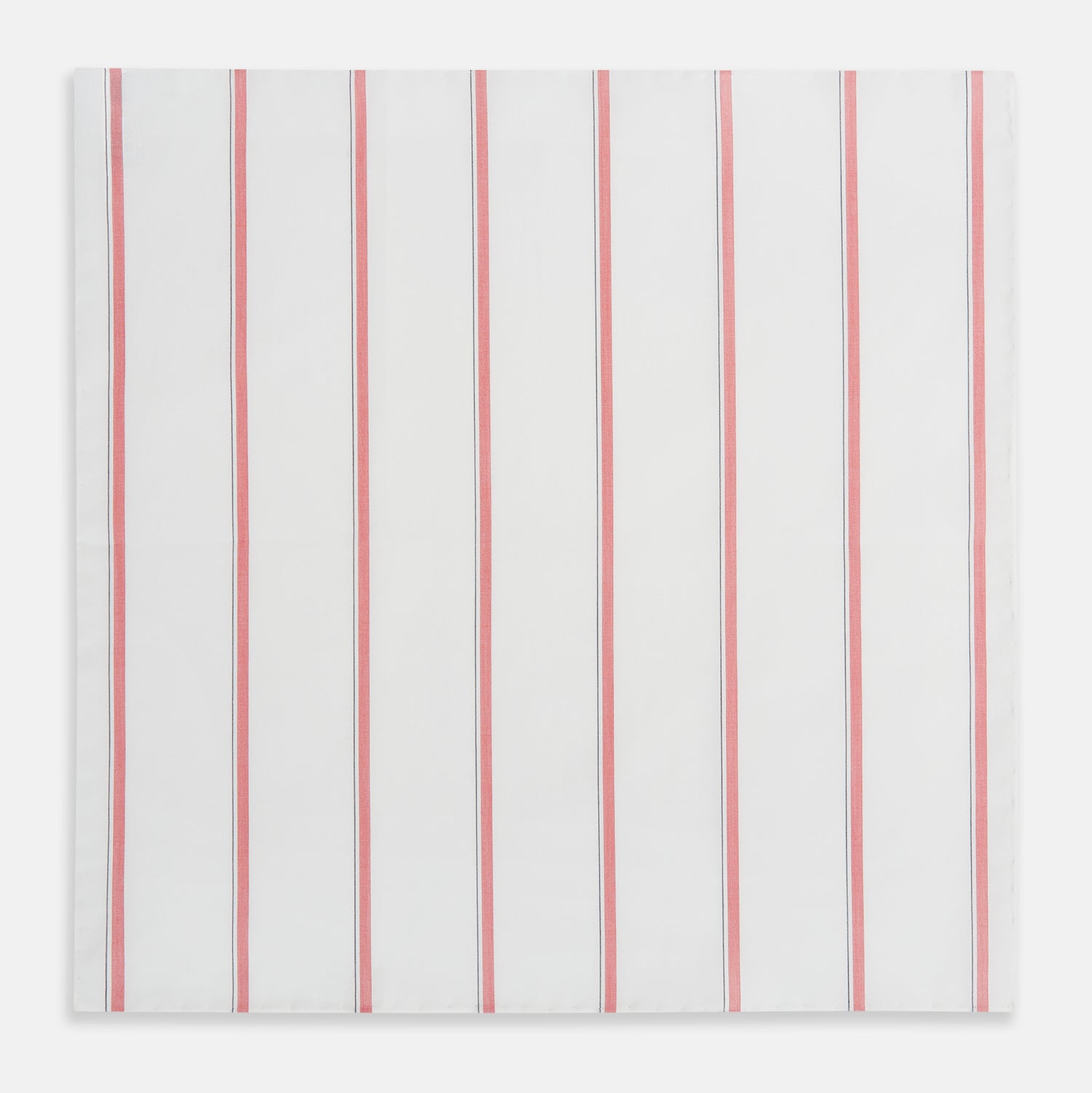 View 3 of product The Turnbull & Asser Coral Track Stripe Hand-Rolled Handkerchief features evenly spaced vertical coral stripes bordered by thin gray lines, finished with hand-rolled edges and displayed neatly folded on a white background.