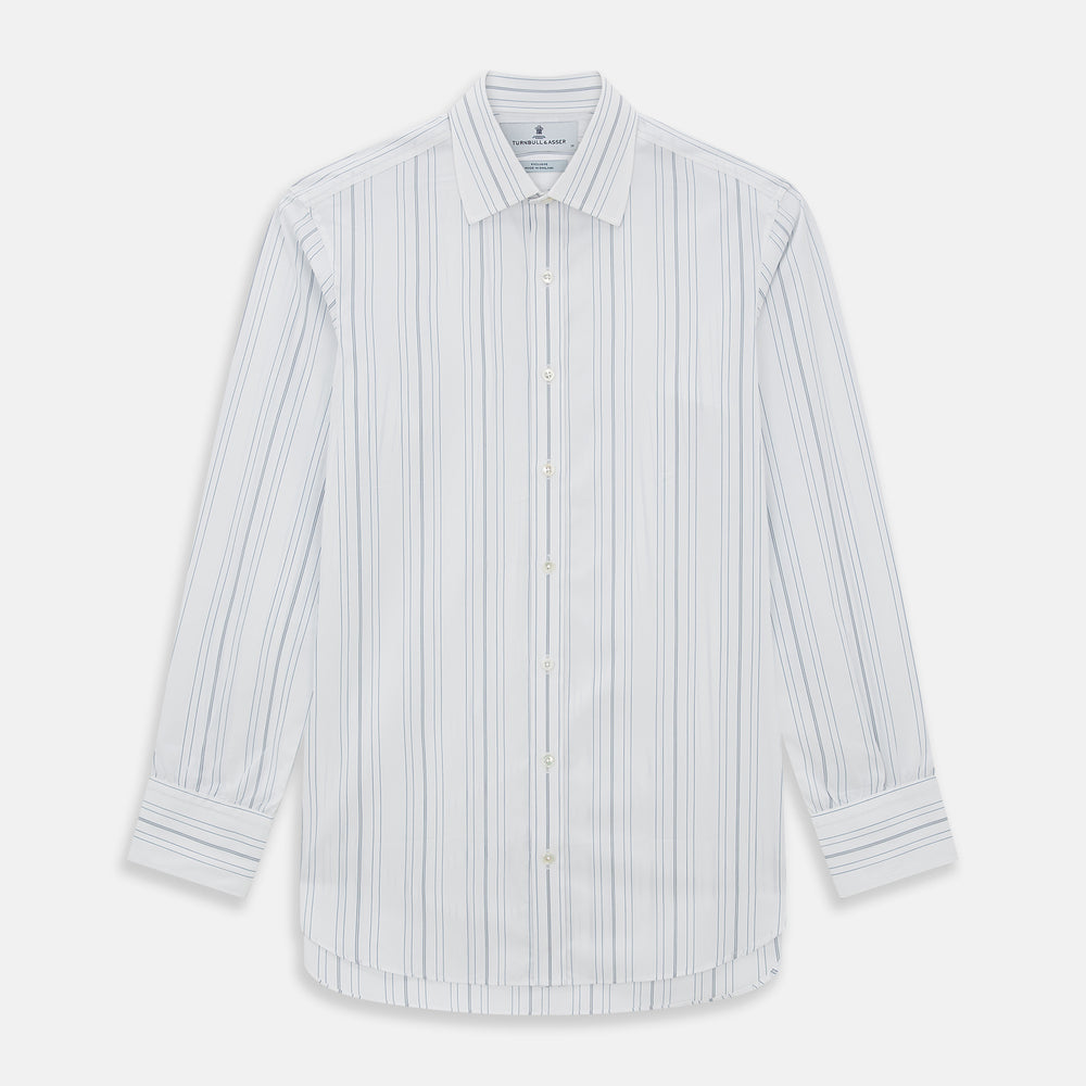 The Turnbull & Asser Pale Blue Multi Stripe Mayfair Shirt, featuring long sleeves, a classic collar, and buttoned cuffs, exemplifies British craftsmanship and is shown flat on a white background for a crisp look.