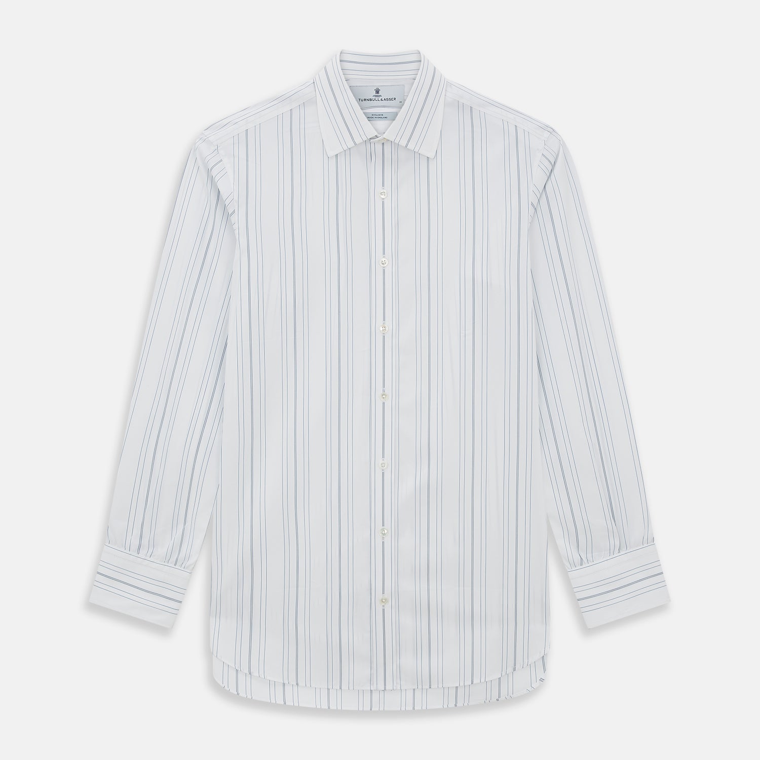 View 1 of product The Turnbull & Asser Pale Blue Multi Stripe Mayfair Shirt, featuring long sleeves, a classic collar, and buttoned cuffs, exemplifies British craftsmanship and is shown flat on a white background for a crisp look.