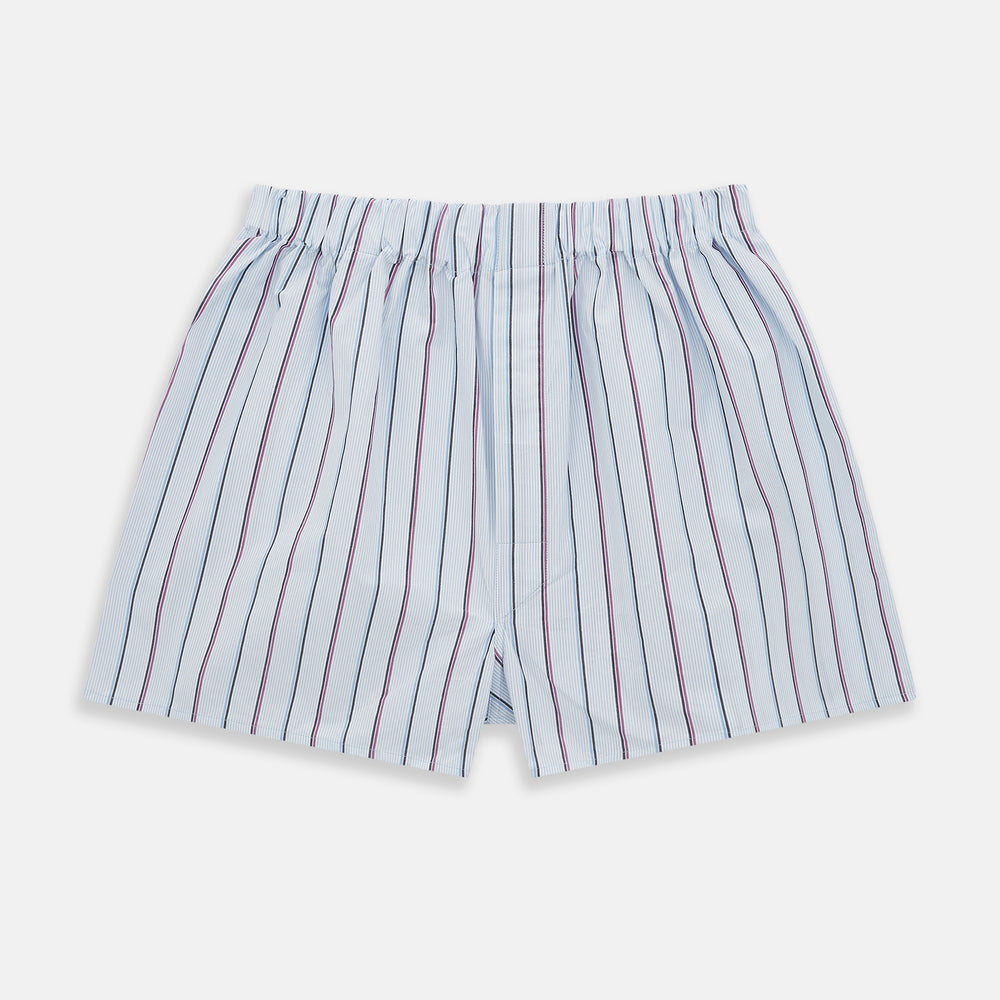 The Pale Blue And Pink Multi Stripe Godfrey Boxer Shorts by Turnbull & Asser are crafted from luxury Italian cotton and feature an elastic waistband with vertical pale blue and pink stripes, shown laid flat on a white background.