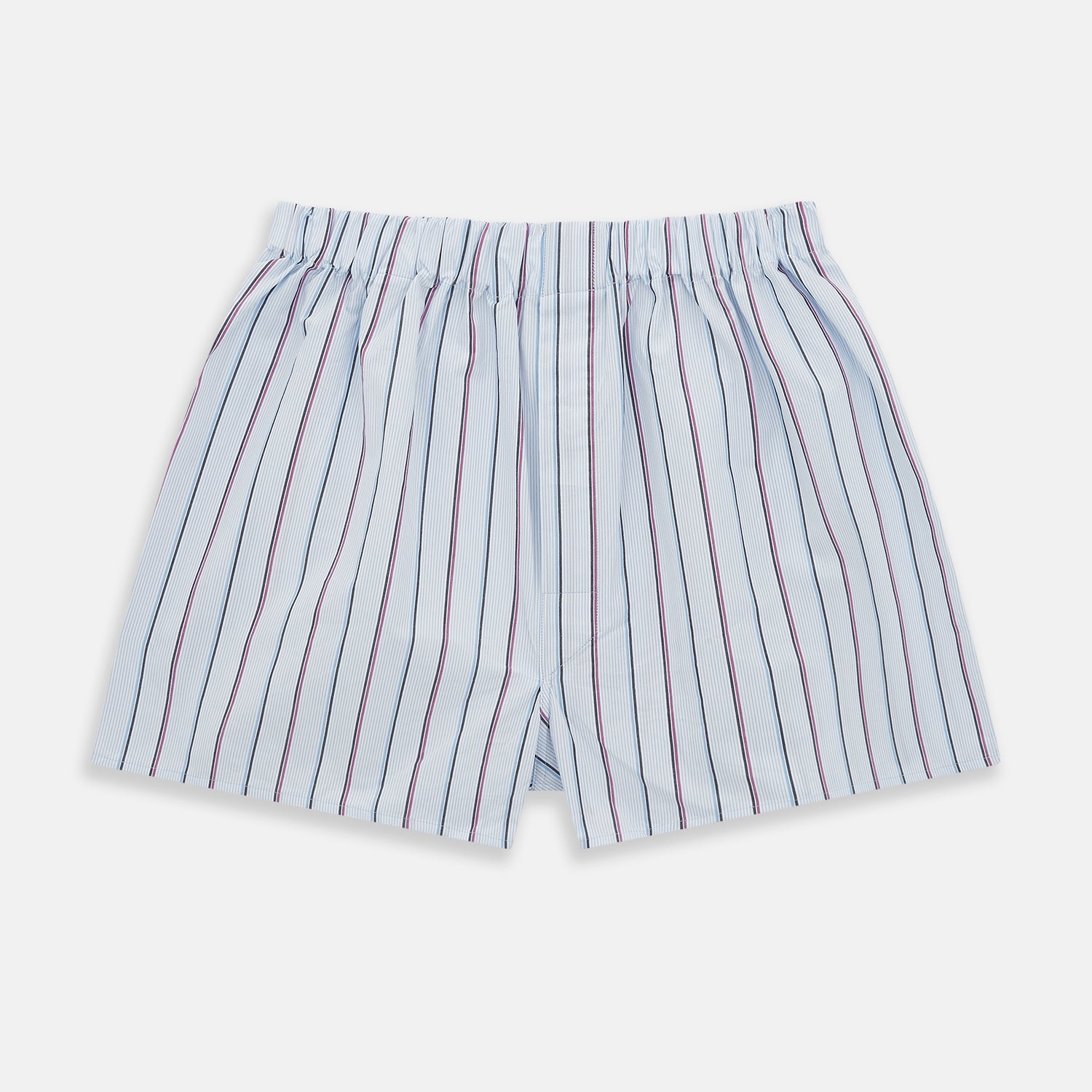 View 1 of product The Pale Blue And Pink Multi Stripe Godfrey Boxer Shorts by Turnbull & Asser are crafted from luxury Italian cotton and feature an elastic waistband with vertical pale blue and pink stripes, shown laid flat on a white background.