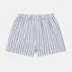 The Pale Blue And Pink Multi Stripe Godfrey Boxer Shorts by Turnbull & Asser are crafted from luxury Italian cotton and feature an elastic waistband with vertical pale blue and pink stripes, shown laid flat on a white background.