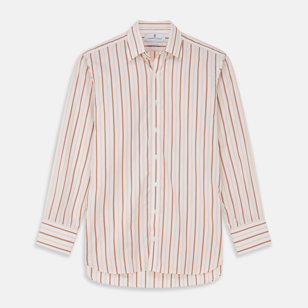The Pink and Sandstone Stripe Cotton Regular Fit Mayfair Shirt by Turnbull & Asser features vertical pink and sandstone stripes on white, a T&A collar, wide cuffs, and a slightly curved hem for refined detail.