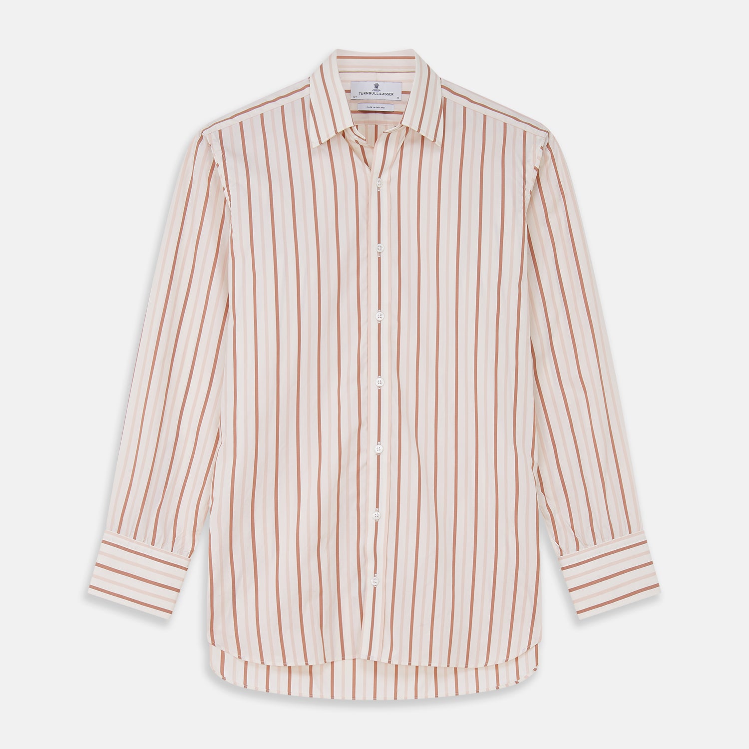 View 1 of product The Pink and Sandstone Stripe Cotton Regular Fit Mayfair Shirt by Turnbull & Asser features vertical pink and sandstone stripes on white, a T&A collar, wide cuffs, and a slightly curved hem for refined detail.