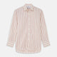 The Pink and Sandstone Stripe Cotton Regular Fit Mayfair Shirt by Turnbull & Asser features vertical pink and sandstone stripes on white, a T&A collar, wide cuffs, and a slightly curved hem for refined detail.