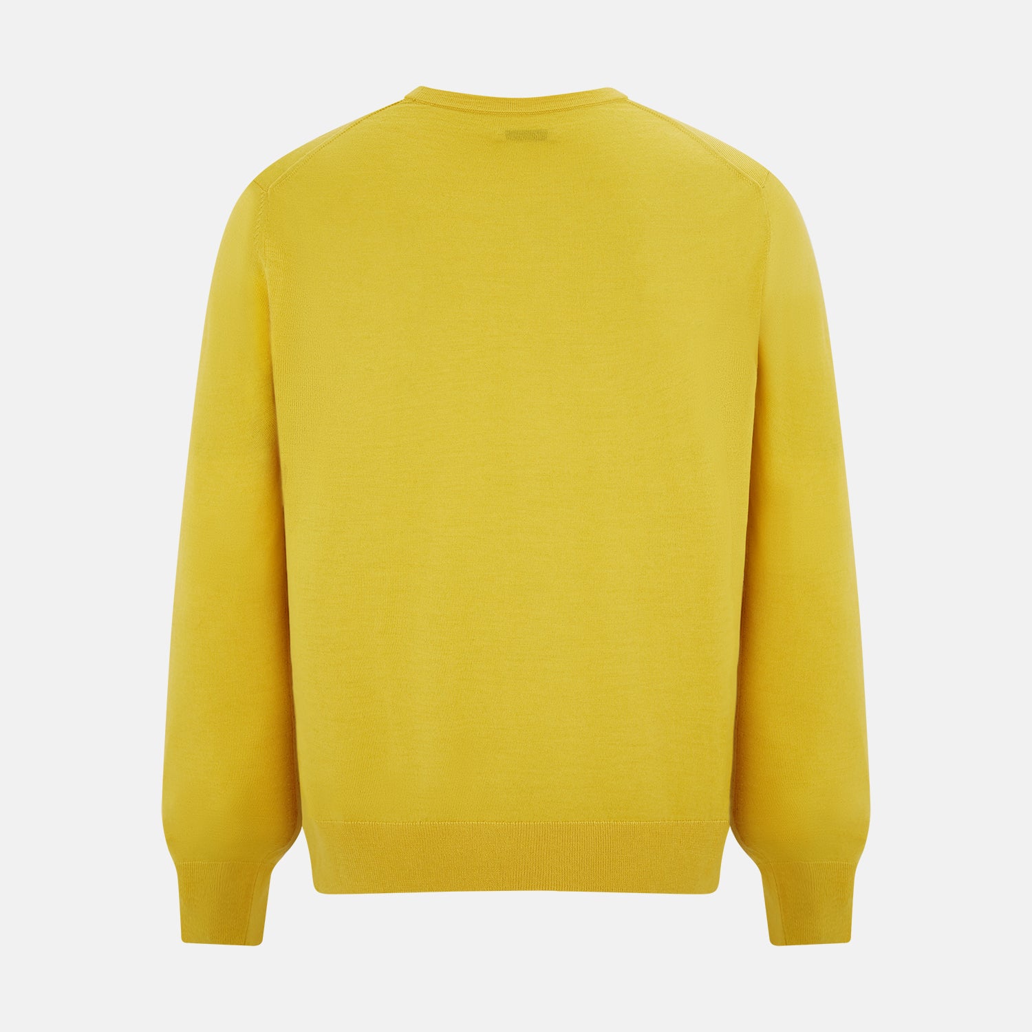 View 3 of product The Turnbull & Asser Canary Yellow Fine Merino V-Neck Cardigan features long sleeves, a button front with brown buttons, and ribbed cuffs and hem, displayed on a plain white background.