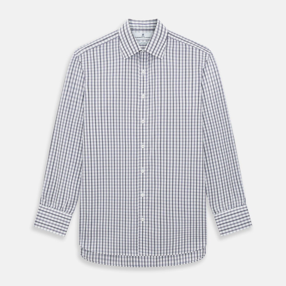 The Turnbull & Asser Purple Multi Check Mayfair Shirt is a long-sleeved, button-up cotton shirt with a collar and purple check pattern, perfect for formal wear and shown against a plain white background.