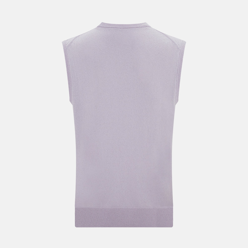 The Turnbull & Asser Lilac Cashmere Round Neck Vest is a sleeveless piece with a ribbed hem, ideal as a lightweight layer, shown here on a plain white background.