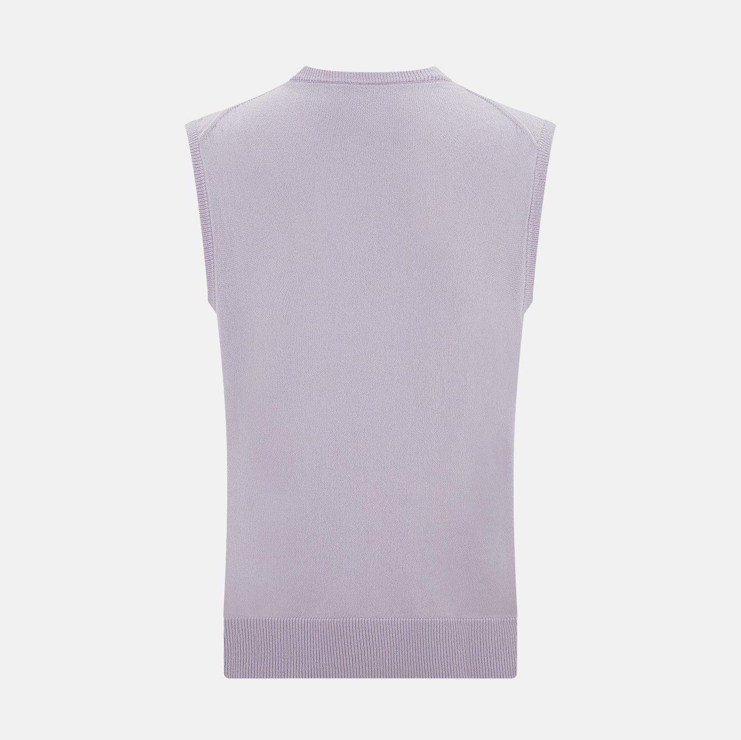 View 3 of product The Turnbull & Asser Lilac Cashmere Round Neck Vest is a sleeveless piece with a ribbed hem, ideal as a lightweight layer, shown here on a plain white background.