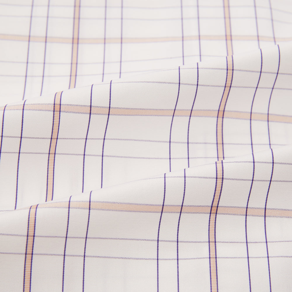 Turnbull & Asser’s Purple and Rose Multi Check Mayfair Shirt features a long-sleeve British design with a white base and purple and rose checks, shown on a plain white background.