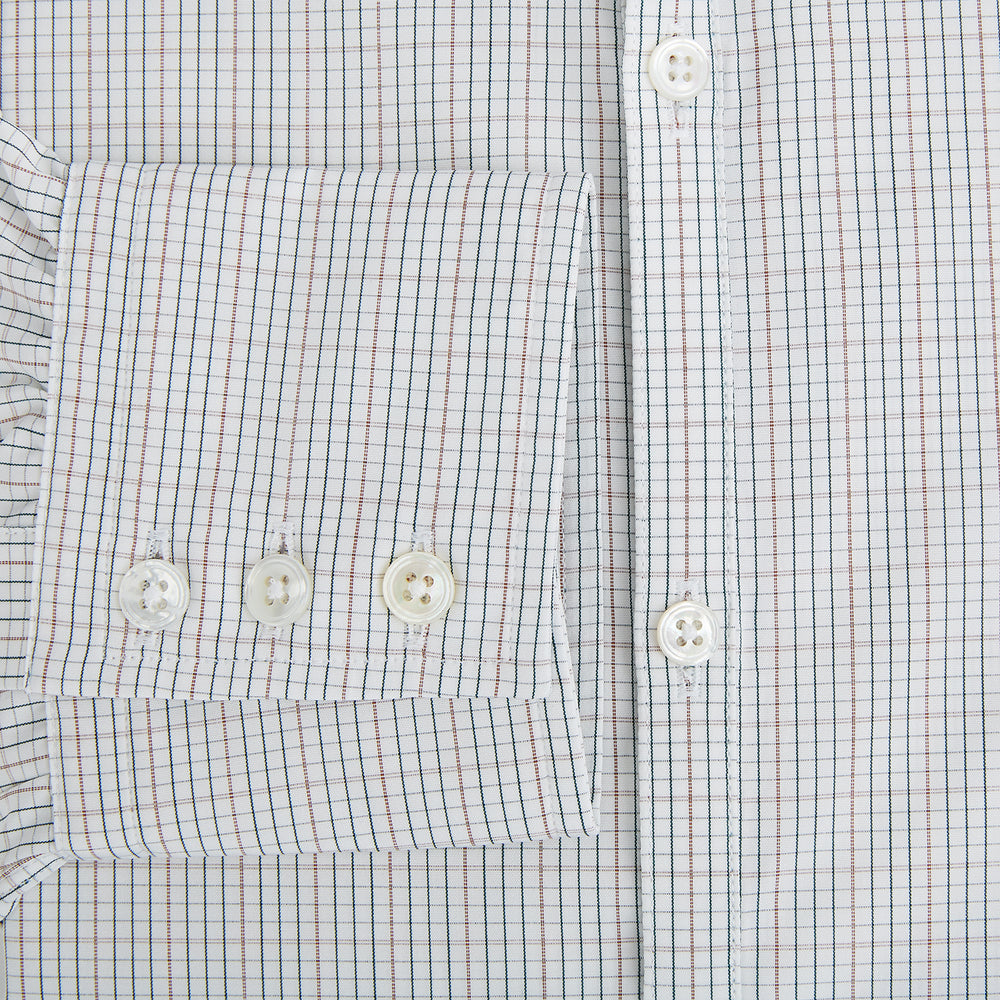 Turnbull & Asser's Forest Melange and Red Micro Check Windsor Shirt features a subtle check pattern, pointed collar, and white buttons—showcasing refined British craftsmanship.