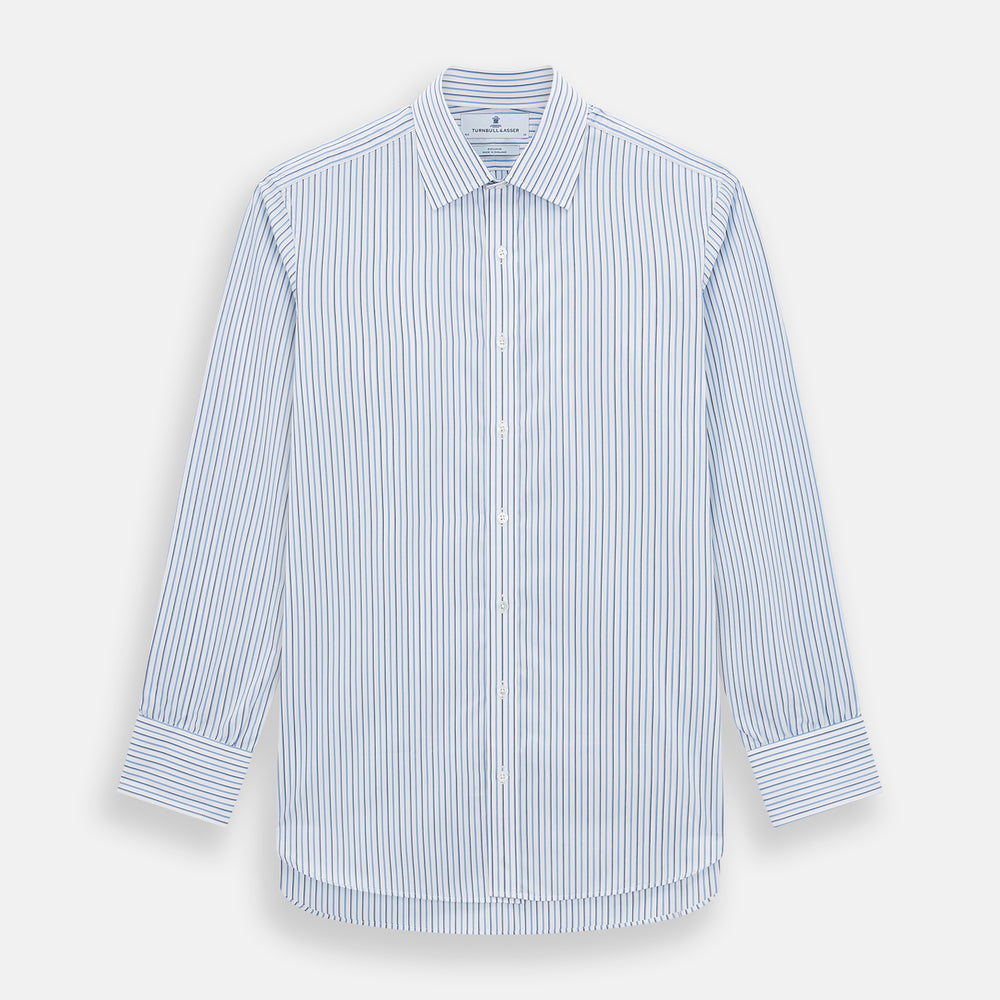 The Blue and Navy Double Stripe Mayfair Shirt by Turnbull & Asser features a classic T&A collar and thin blue stripes on a white background, displayed against a plain white surface.