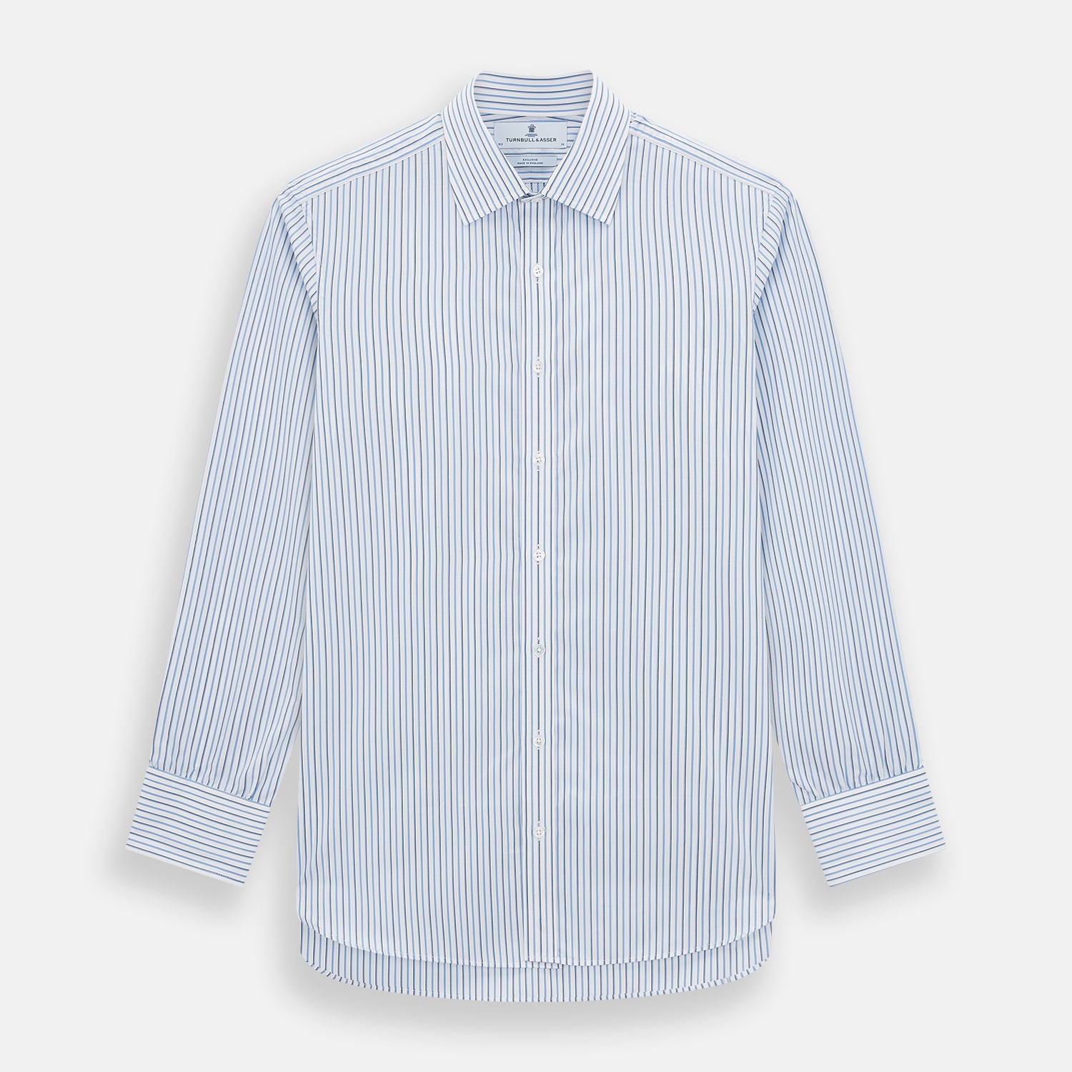 View 1 of product The Blue and Navy Double Stripe Mayfair Shirt by Turnbull & Asser features a classic T&A collar and thin blue stripes on a white background, displayed against a plain white surface.