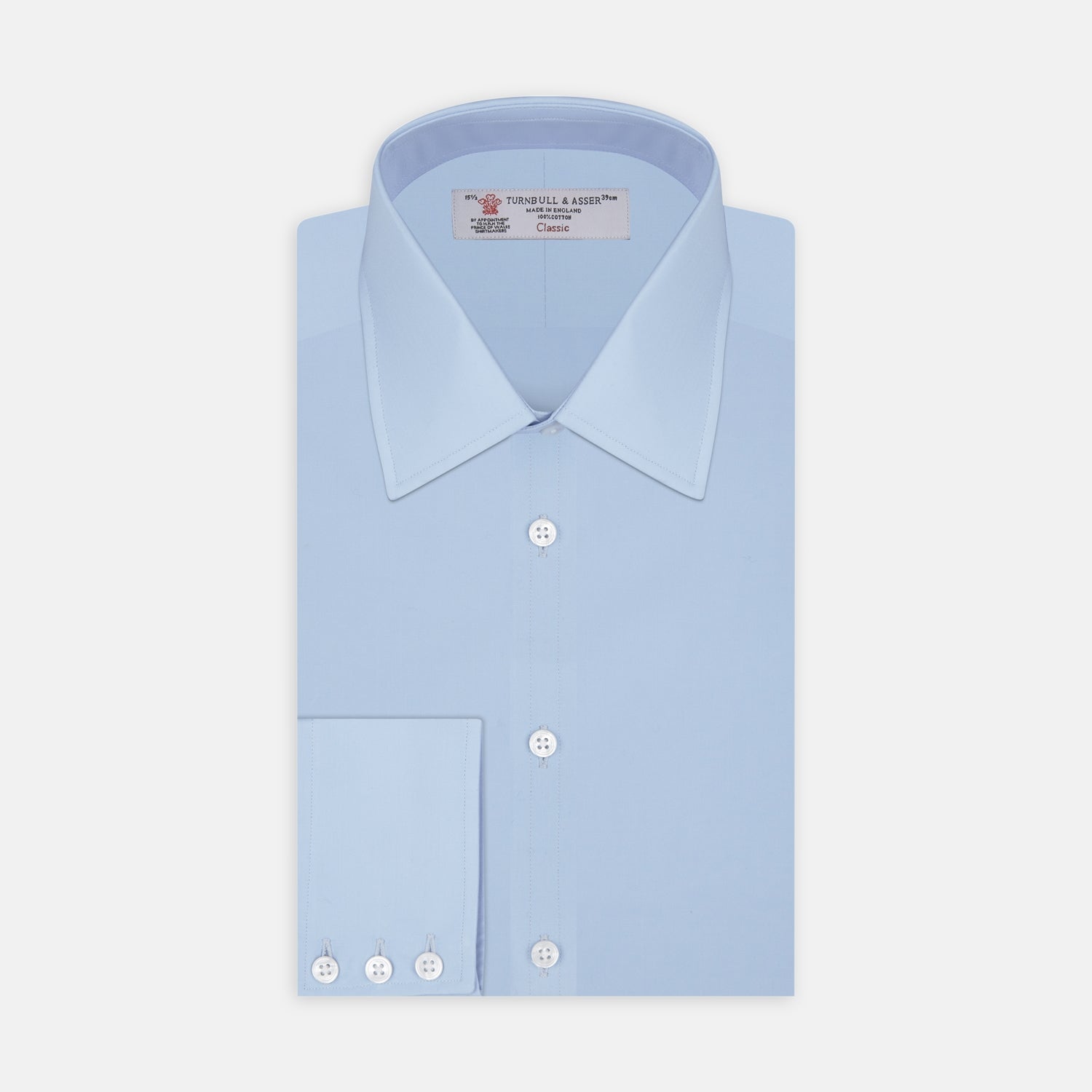 View 1 of product A Light Blue Cotton Shirt with a T&A collar and 3-button cuffs by Turnbull & Asser is displayed on a plain white background, ideal for pairing with a navy suit.