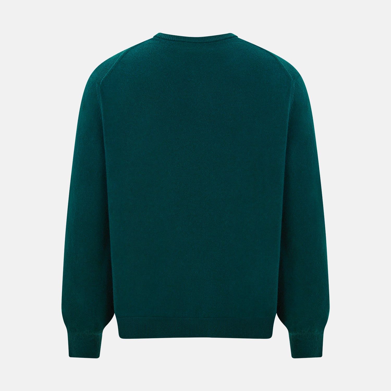 View 3 of product The Turnbull & Asser Moss Green Cashmere Round Neck Jumper, shown on a plain white background, is men's knitwear with long sleeves and a classic design featuring ribbed cuffs, neckline, and hem for timeless style.